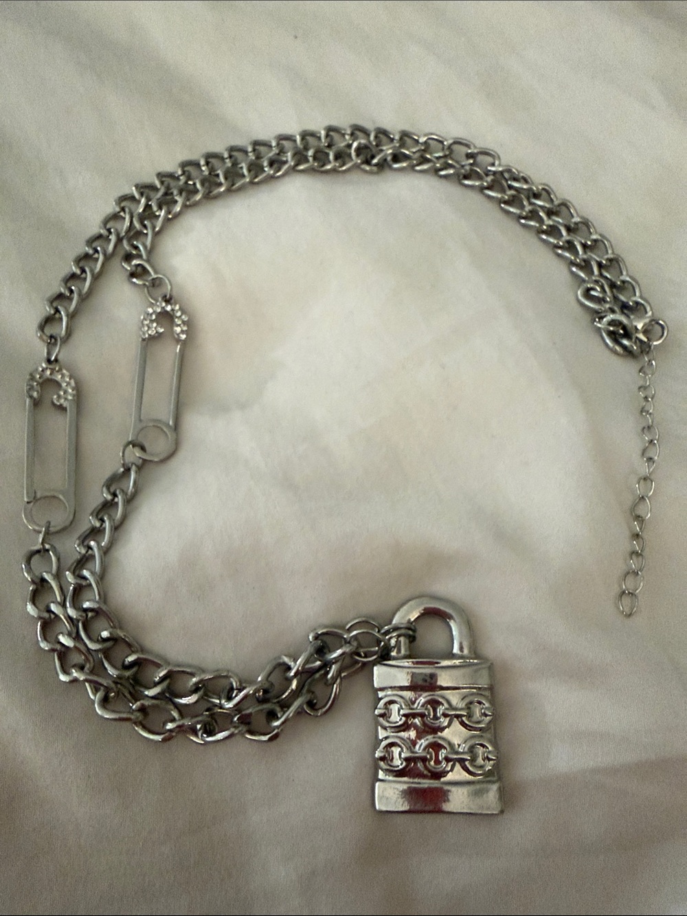 Dolls Kill Lock Chain Necklace with Safety Pin rhinestone details